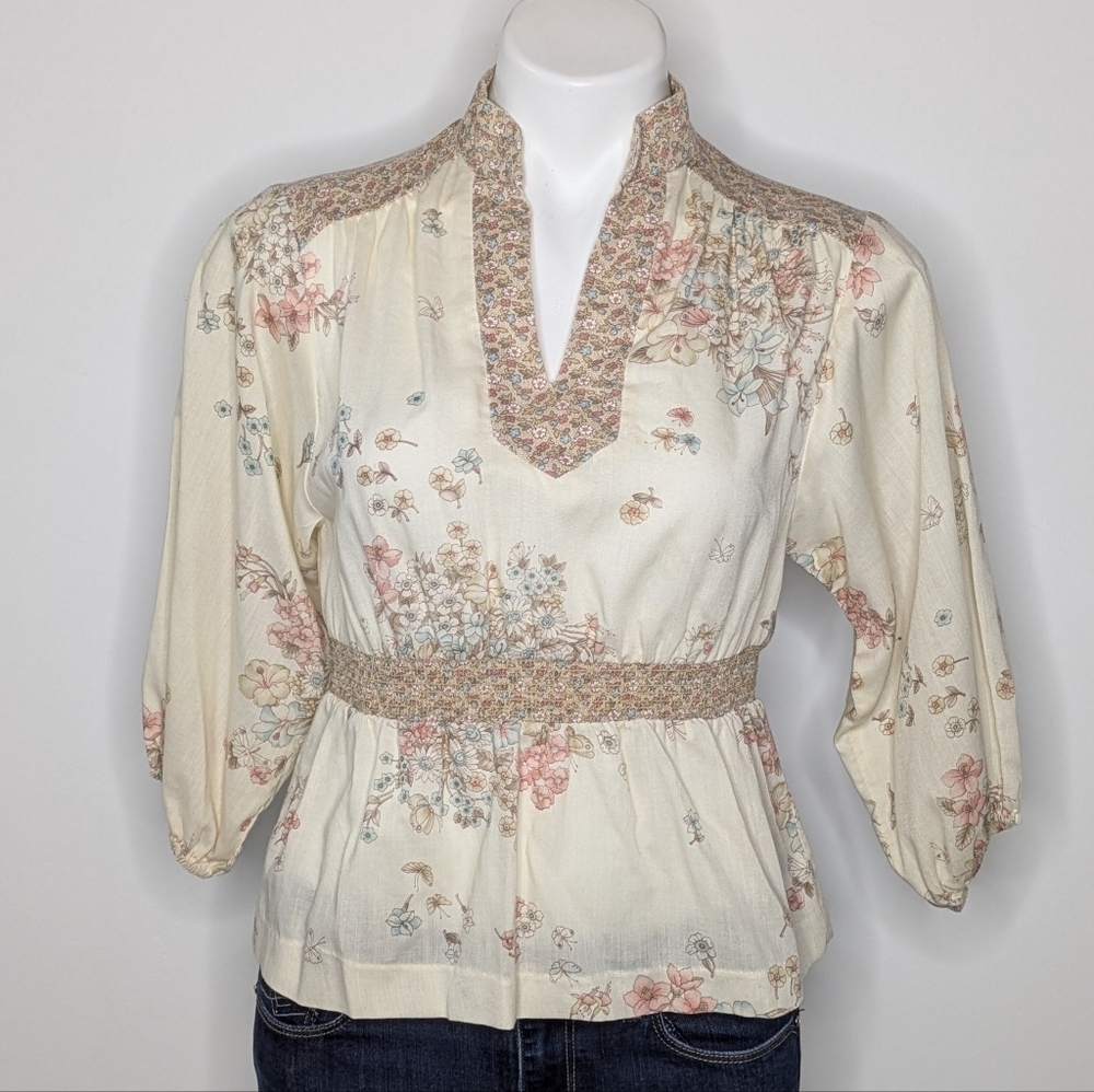 Vintage Cream Pink Floral 1/2 Sleeve Peplum Blouse XS/S